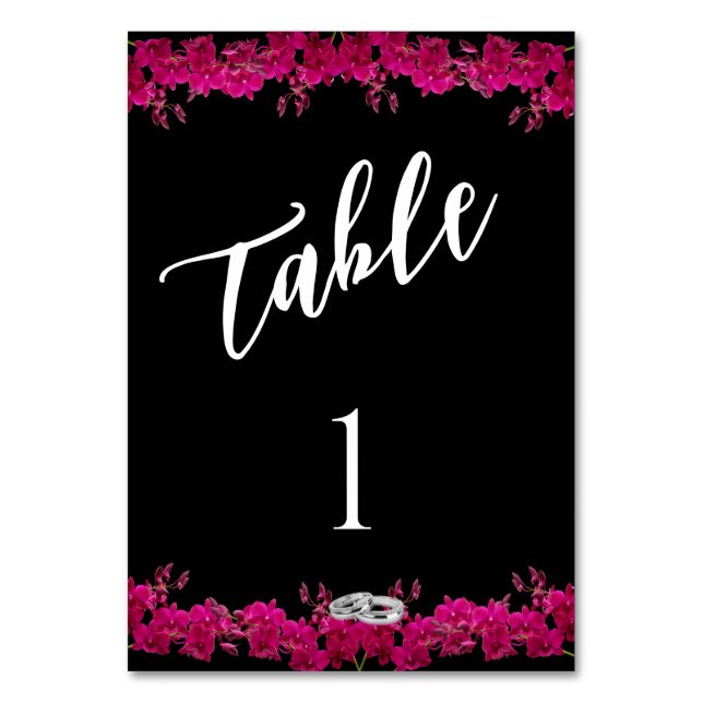 Wedding Table Number-Fuchsia Orchids on Black- Table Number (Front)