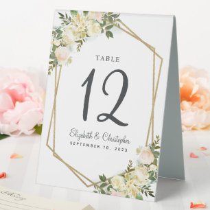 Wedding Table Number Gold Frame Floral Rose White