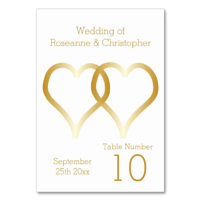 Wedding Table Number Gold Hearts (Front)