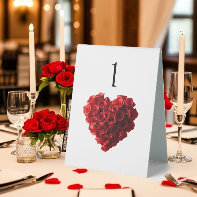 Wedding Table Number-Heart Shaped Red Rose- (Wedding Table Number-Heart Shaped Red Rose- Table Tent)