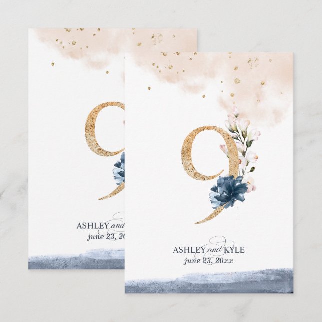 Wedding table number in navy, blush, and gold (Front/Back)