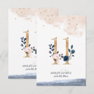 Wedding table number in navy, blush, and gold