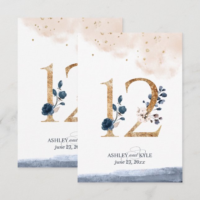 Wedding table number in navy, blush, and gold (Front/Back)