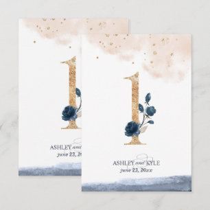 Wedding table number in navy, blush, and gold