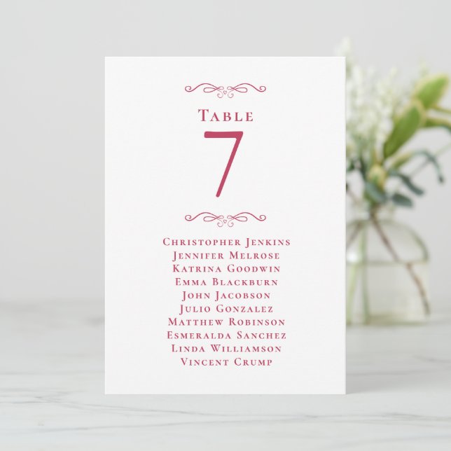 Wedding Table Number Magenta Red Guest Table Card (Standing Front)
