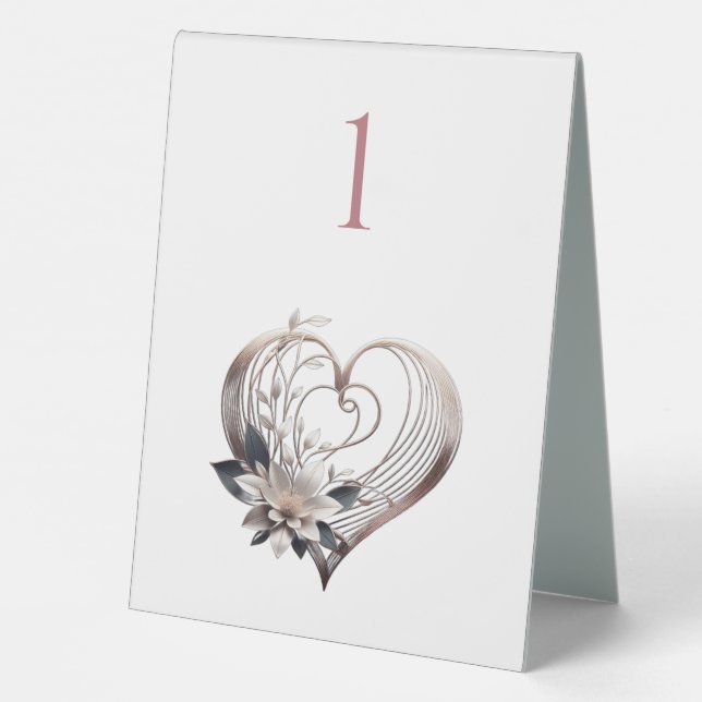 Wedding Table Number-Modern Pink Heart with Flower (Back)