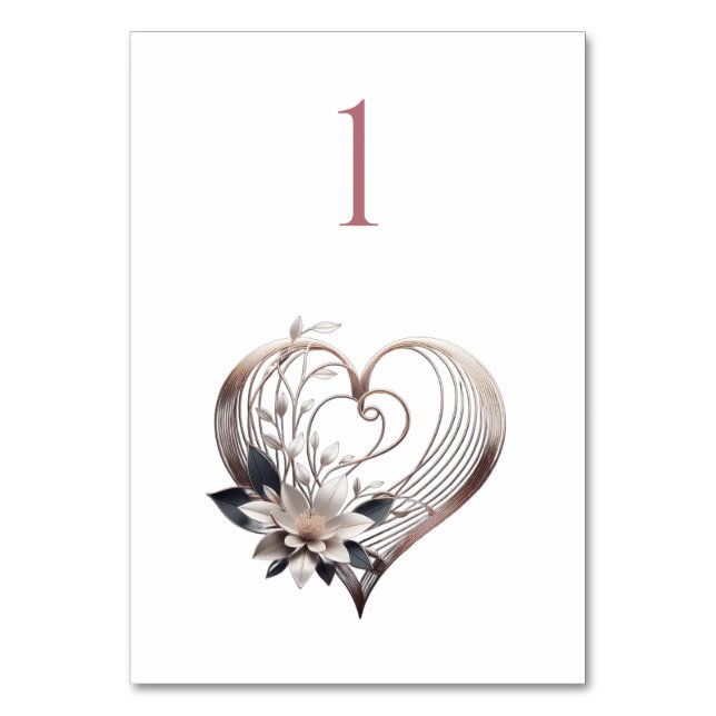 Wedding Table Number-Modern Pink Heart with Flower Number (Front)