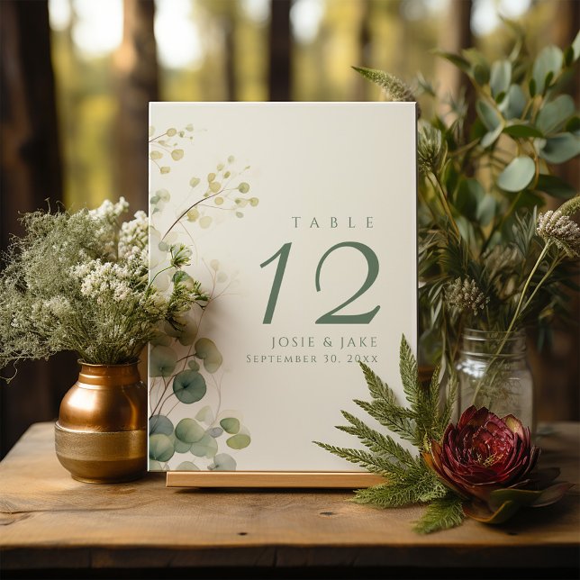 Wedding table number Romantic Floral Eucalyptus (Romantic Floral Eucalyptus Leaves wedding table number sign Card in elegant green.)