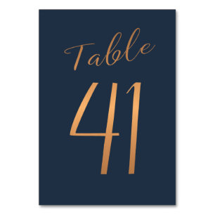 Wedding table number rose gold copper glitter navy