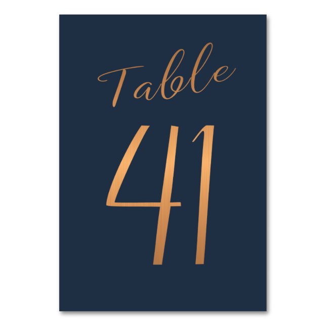 Wedding table number rose gold copper glitter navy (Front)
