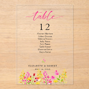 Wedding Table Number Sign Floral Pink Script