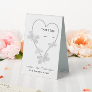 Wedding Table Number Sign Silver Heart Butterflies