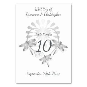 Wedding Table Number Silver Dragonflies Heart