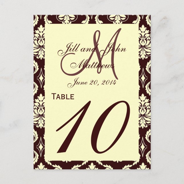 Wedding Table Numbers Brown Ivory Damask Postcard (Front)
