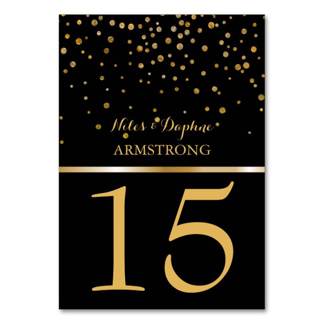 Wedding Table Numbers | Chic Black Gold Confetti (Front)