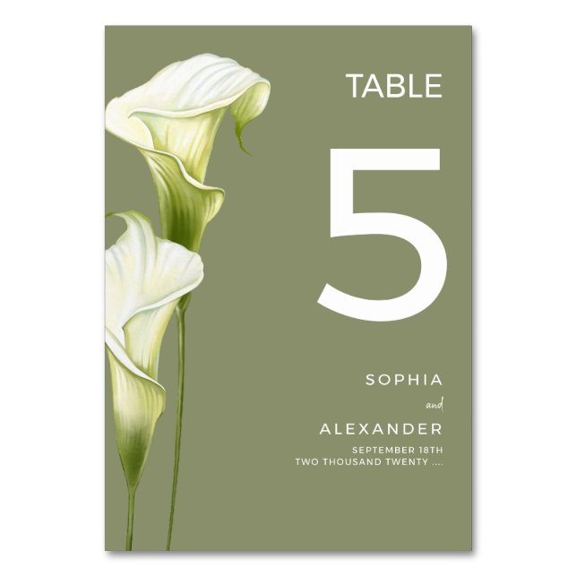 Wedding Table Numbers "Delicate Calla Lilies" (Front)