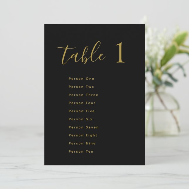 Wedding Table Seating Chart Cards | Gold on Black (Standing Front)
