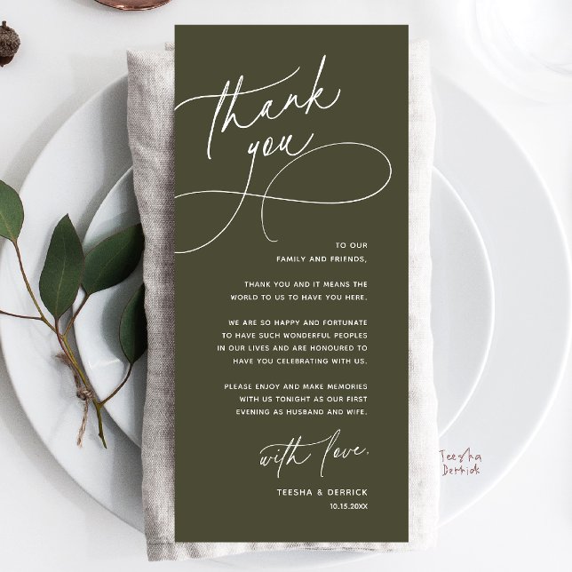 Wedding Table Thank You Elegant Reception Card (Wedding Table Thank You Elegant Reception Dinner Card in olive green)