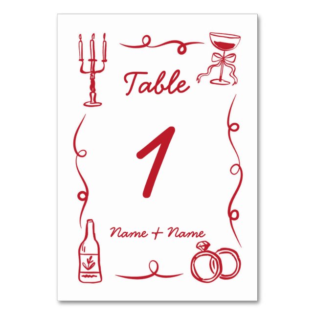 Wedding Table Whimsical Hand Drawn Red Illustrated Number (Front)