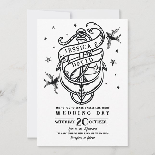 Wedding Tattoo Traditional Rock Anchor Doves Invitation (Front)