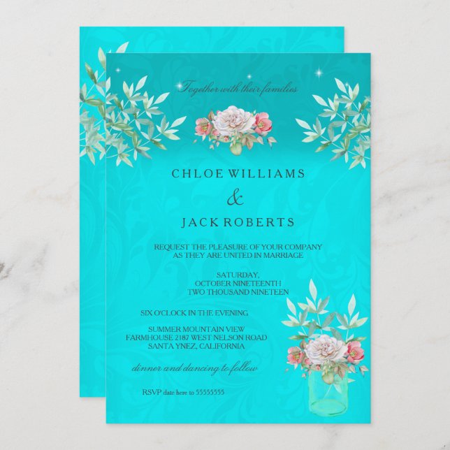 Wedding Teal Floral Mason Jar Pink White Rose Invitation (Front/Back)