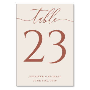 Wedding terracotta beige script seating table number
