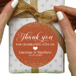 Wedding Terracotta Sprinkle Sparkle THANK YOU Clas Classic Round Sticker<br><div class="desc">Lovely calligraphy script thank you stickers to add to your envelopes and/or gifts favours.  Terracotta,  boho rust,   background (can be changed to any colour) colour with faux silver glitter confetti.  Perfect for any occasion. Editable template label</div>