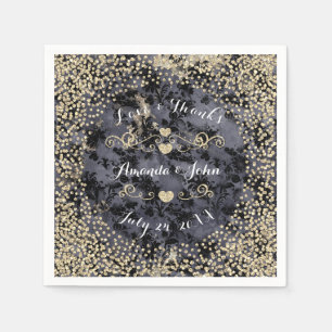Wedding Thank Black Floral Sepia Gold Confetti Napkin