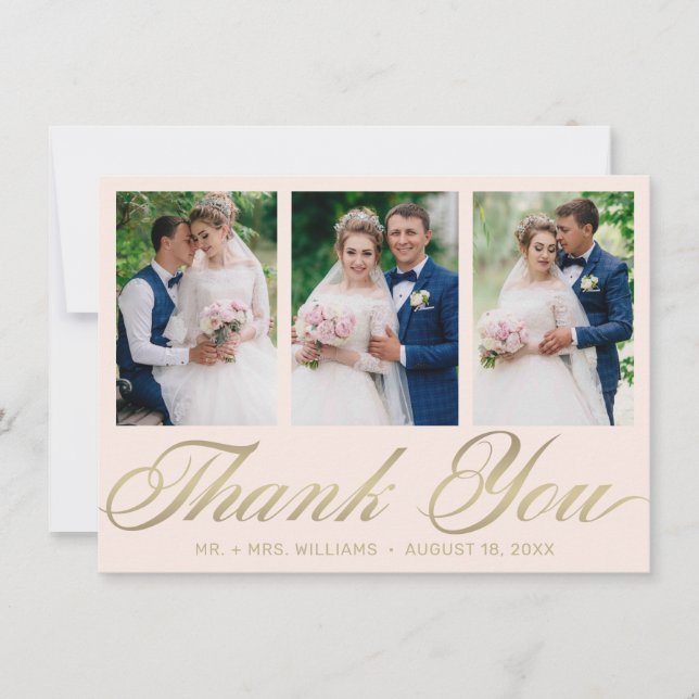 Wedding Thank You 3 Photo Collage Blush Gold Card (Front)