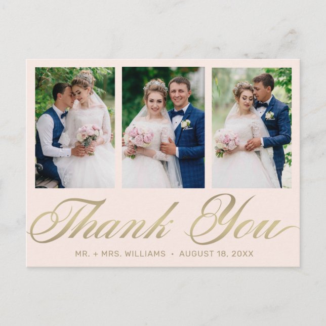 Wedding Thank You 3 Photo Collage Blush Gold Postcard (Front)