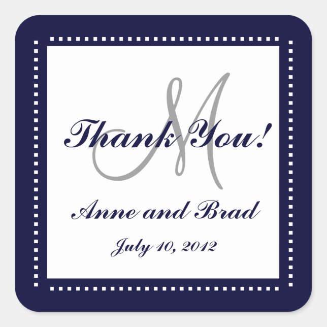 Wedding Thank You Blue Monogram Names Sticker (Front)