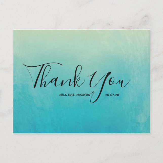 Wedding Thank You Blue Watercolour Script Postcard (Front)