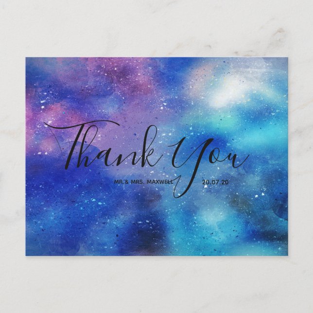 Wedding Thank You Blue Watercolour Script Postcard (Front)
