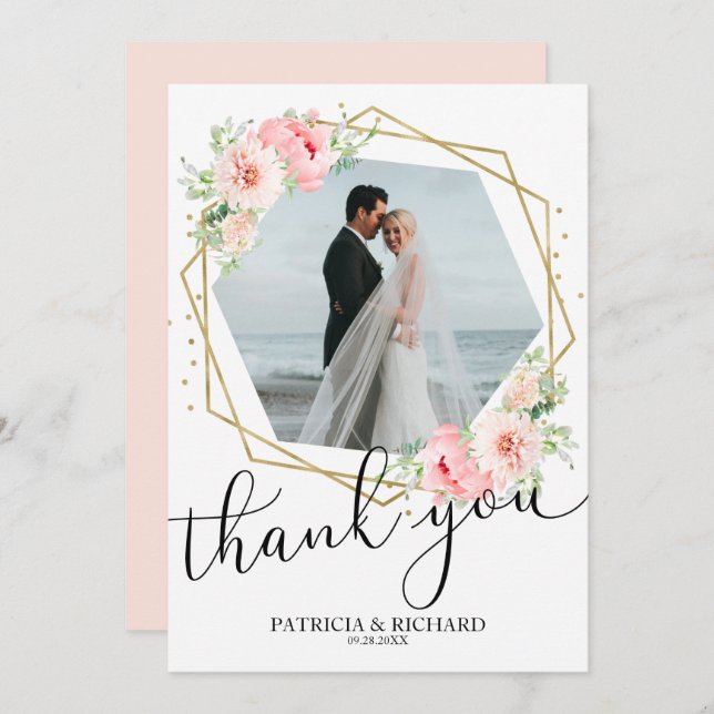Wedding Thank You Blush Floral Gold Foil Geometric Invitation (Front/Back)