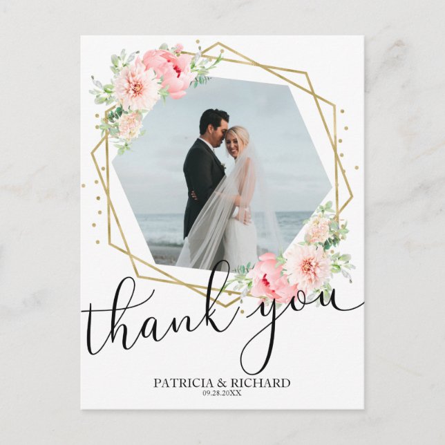 Wedding Thank You Blush Floral Gold Foil Geometric Postcard (Front)