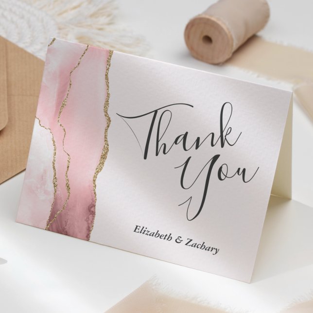 Wedding Thank You Blush Pink Agate Gold Glitter Card (Creator Uploaded)