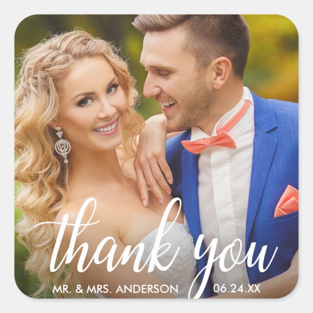 Wedding Thank You Bride and Groom Photo Square Sticker (Front)