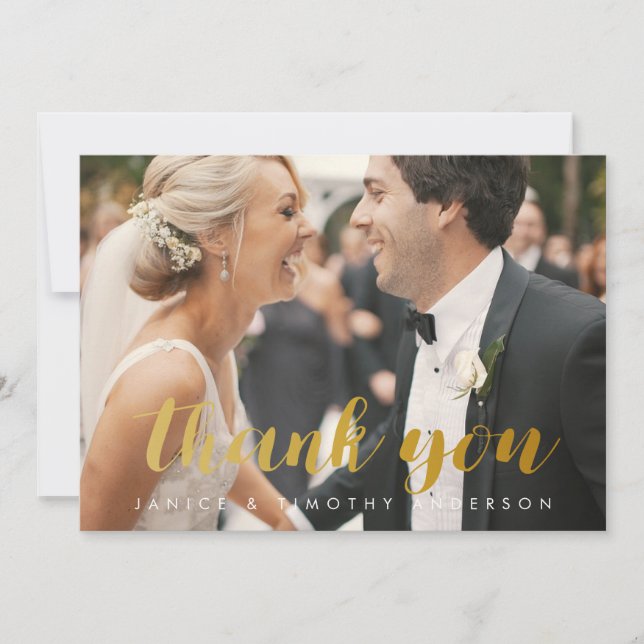 wedding thank you bride groom photo gold faux foil card (Front)