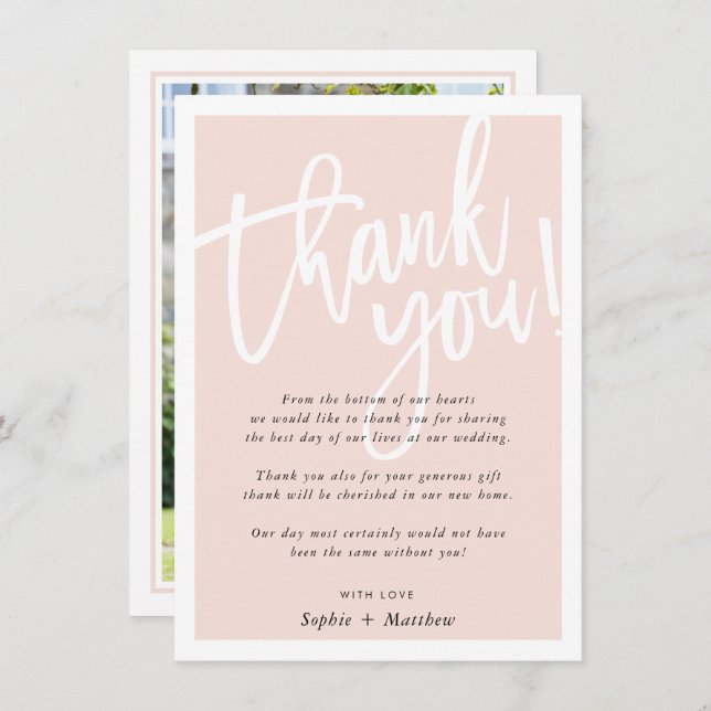 WEDDING THANK YOU brush lettered script blush pink Invitation (Front/Back)