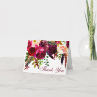 Wedding Thank You Card - Burgundy Floral, Feathers