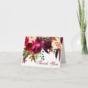 Wedding Thank You Card - Burgundy Floral, Feathers