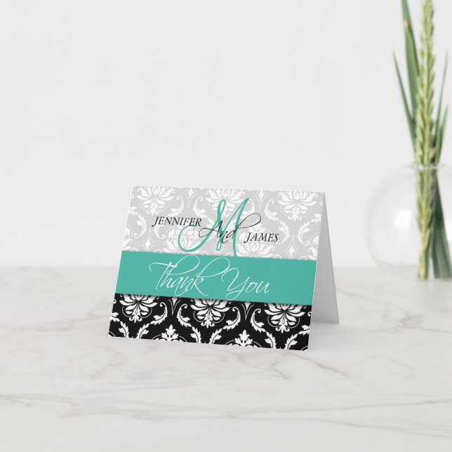 Wedding Thank You Card Damask Monogram Turquoise (Front)