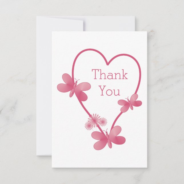 Wedding Thank You Card Pink Heart And Butterflies (Front)