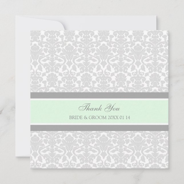 Wedding Thank You Cards Green Grey Damask (Front)