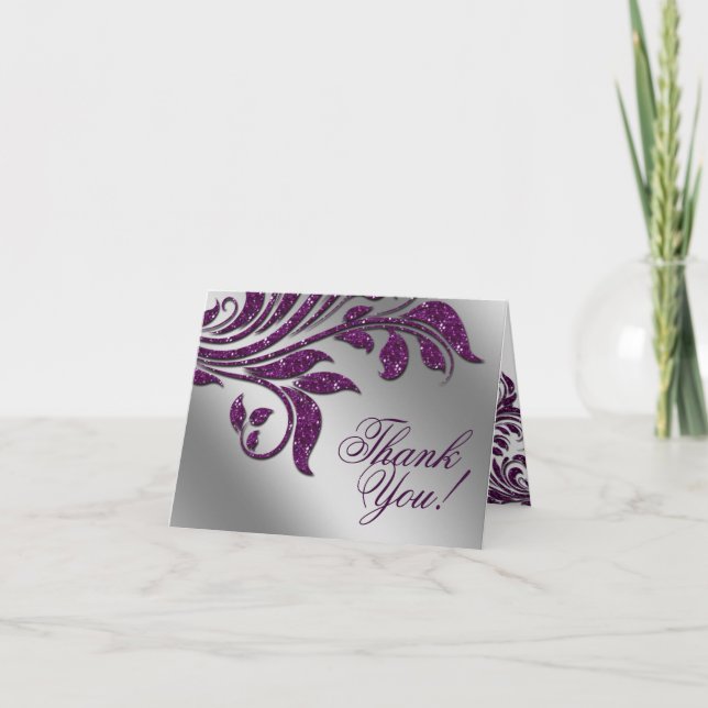 Wedding Thank You Cards Leaf Sparkle Purple (Front)