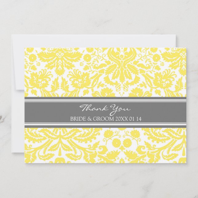 Wedding Thank You Cards Lemon Grey Damask (Front)
