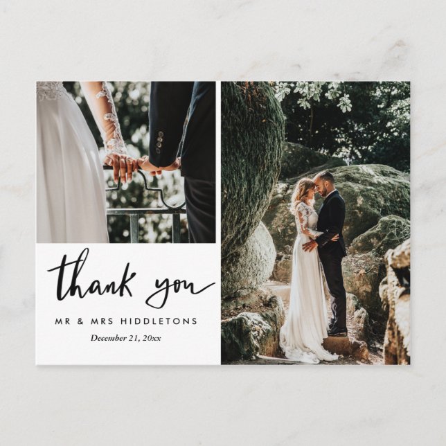 Wedding Thank You Casual Script | Two Photos Postcard (Front)