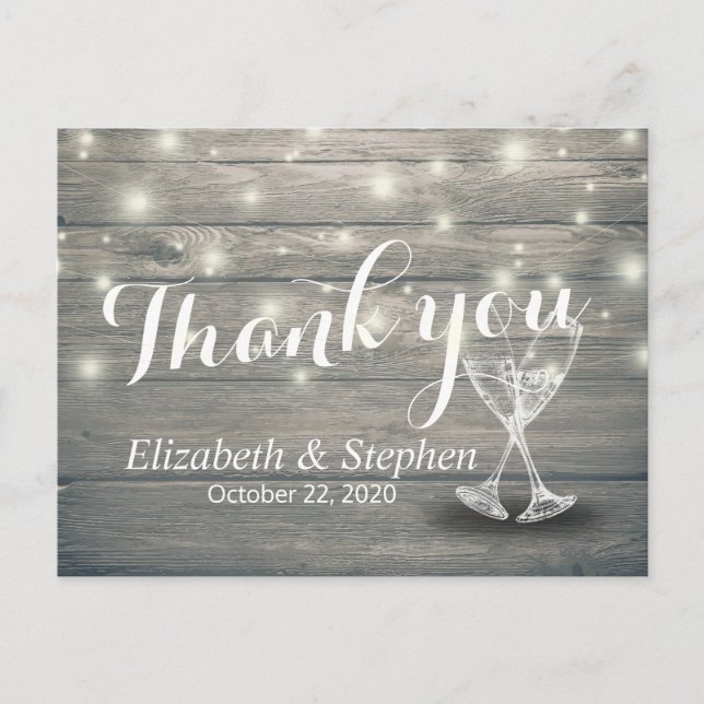 Wedding Thank You Champagne Glasses Wood Lights Postcard (Front)