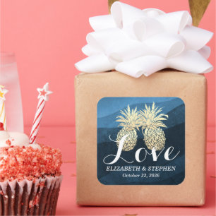 Wedding Thank You Chic Blue Gold Pineapple Couple  Square Sticker