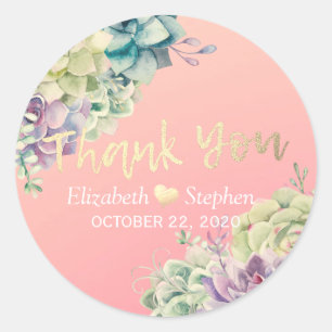 Wedding Thank You Chic Watercolor Succulent Plants Classic Round Sticker